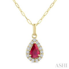 6x4 MM Pear Shape Ruby and 1/6 Ctw Round Cut Diamond Halo Precious Pendant with Chain in 14K Yellow Gold
