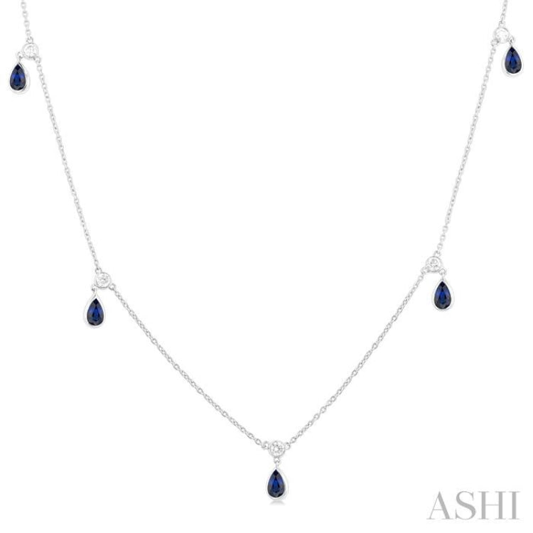 5x3 MM Pear Shape Sapphire and 1/8 Ctw Round Cut Diamonds Precious Station Necklace in 10K White Gold