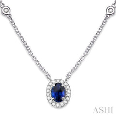 6x4 MM Oval Cut Sapphire and 1/6 Ctw Round Cut Diamond Precious Necklace in 14K White Gold