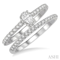 5/8 Ctw Round Cut Diamond Wedding Set With 1/2 Ct Pear Cut 1/4 Ct Center Stone Engagement Ring and 1/6 Ct Wedding Band in 14K White Gold