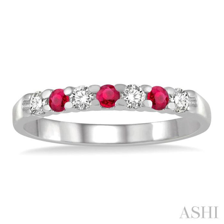 2.3 MM Ruby and 1/5 Ctw Round Cut Diamond Precious Wedding Band in 14K White Gold