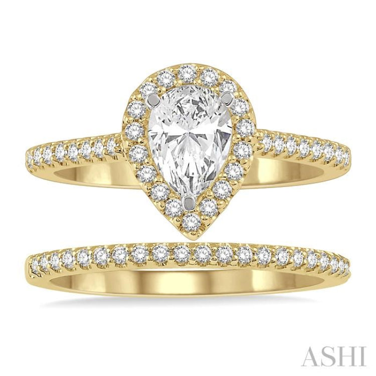 1/2 Ctw Diamond Wedding Set With 3/8 Ctw Pear Cut Engagement Ring and 1/10 Ctw Wedding Band in 14K Yellow and White Gold