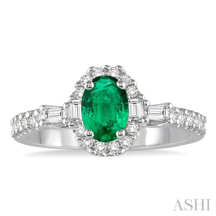 6x4 MM Oval Shape Emerald and 3/8 Ctw Diamond Precious Ring in 14K White Gold