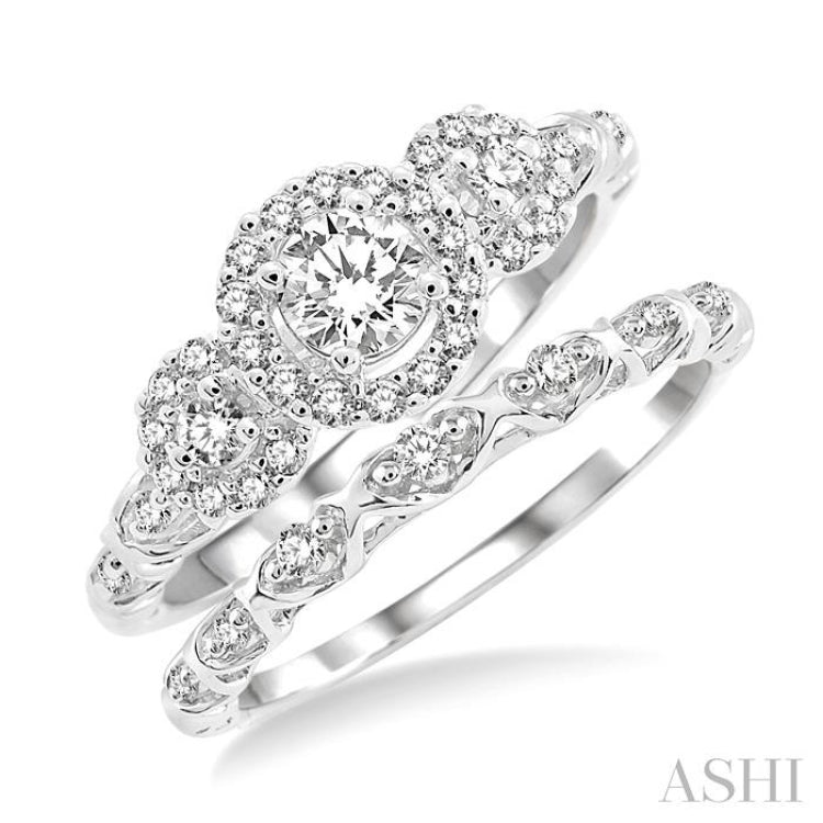 1/2 Ctw Diamond Wedding Set with 1/2 Ctw Round Cut Engagement Ring and 1/20 Ctw Wedding Band in 14K White Gold