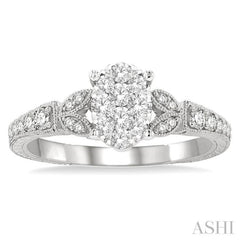 1/2 Ctw Oval Shape Leaf Carved Shank Lovebright Round Cut Diamond Engagement Ring in 14K White Gold