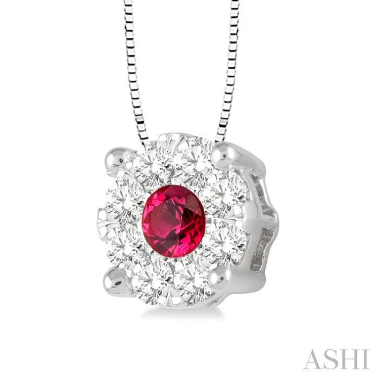 3.8 MM Round Cut Ruby and 1/3 Ctw Lovebright Precious Pendant in 14K White Gold with Chain