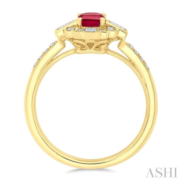 1/3 Ctw Art Deco 6X4MM Octagon Shape Ruby, Baguette and Round Cut Diamond Precious Fashion Ring in 14K Yellow Gold