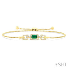1/4 Ctw 5X3MM Octagon Shape Emerald and Round Cut Diamond Precious Rectangular Open Link Lariat Bracelet in 14K Yellow Gold
