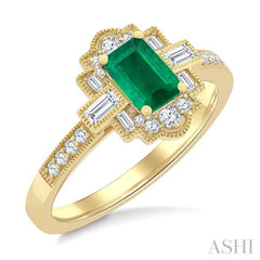 1/3 Ctw Art Deco 6X4MM Emerald, Baguette and Round Cut Diamond Precious Fashion Ring in 14K Yellow Gold