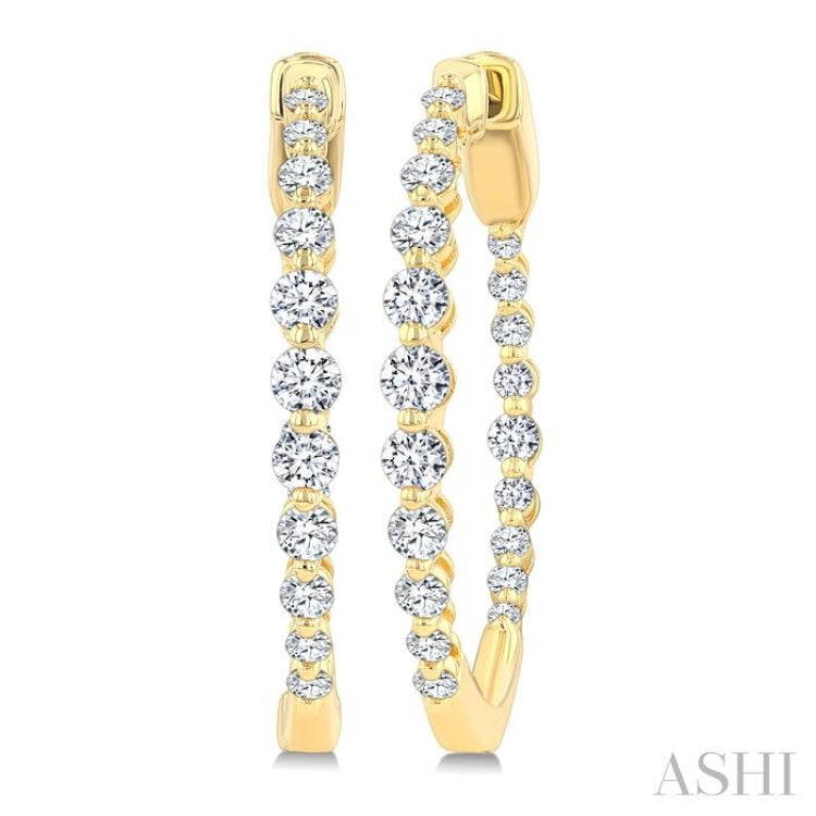 1 Ctw Inside & Out Graduated Round Cut Diamond Fashion Hoop earrings in 14K Yellow Gold