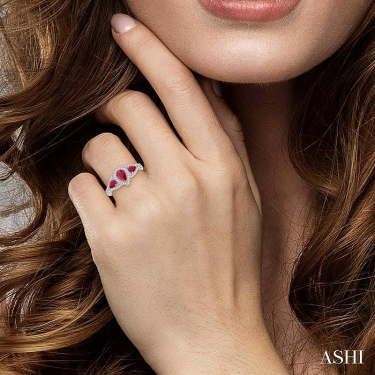 6x4 MM & 5x3 MM Triple Pear Shape Ruby and 1/5 Ctw Round Cut Diamond Precious Ring in 10K White Gold