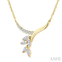 1/3 Ctw Leaf Stem Drop Marquise and Round cut Diamond Fashion Necklace in 14K Yellow Gold