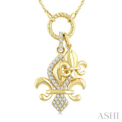1/6 Ctw Fleur De Lis Charm Round Cut Diamond Pendant With Chain in 10K Yellow Gold