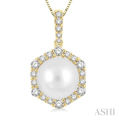 8 MM Cultured Pearl and 1/3 Ctw Hexagon Shape Round Cut Diamond Pendant With Chain in 14K Yellow Gold