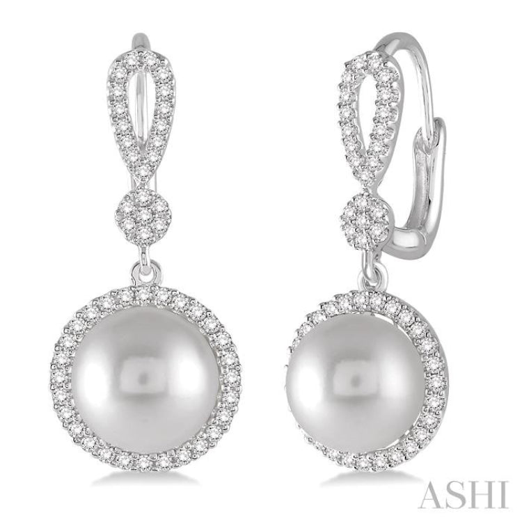 8 MM Cultured Pearls and 1/3 Ctw Round Cut Diamond Earrings in 14K White Gold