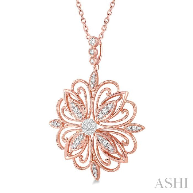1/3 Ctw Lattice Floral Pattern Lovebright Round Cut Diamond Pendant With Chain in 14K Rose and White Gold
