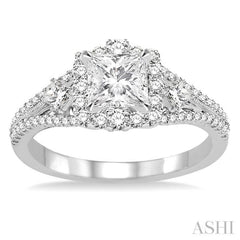 7/8 Ctw Diamond Engagement Ring with 1/3 Ct Princess Cut Center Stone in 14K White Gold