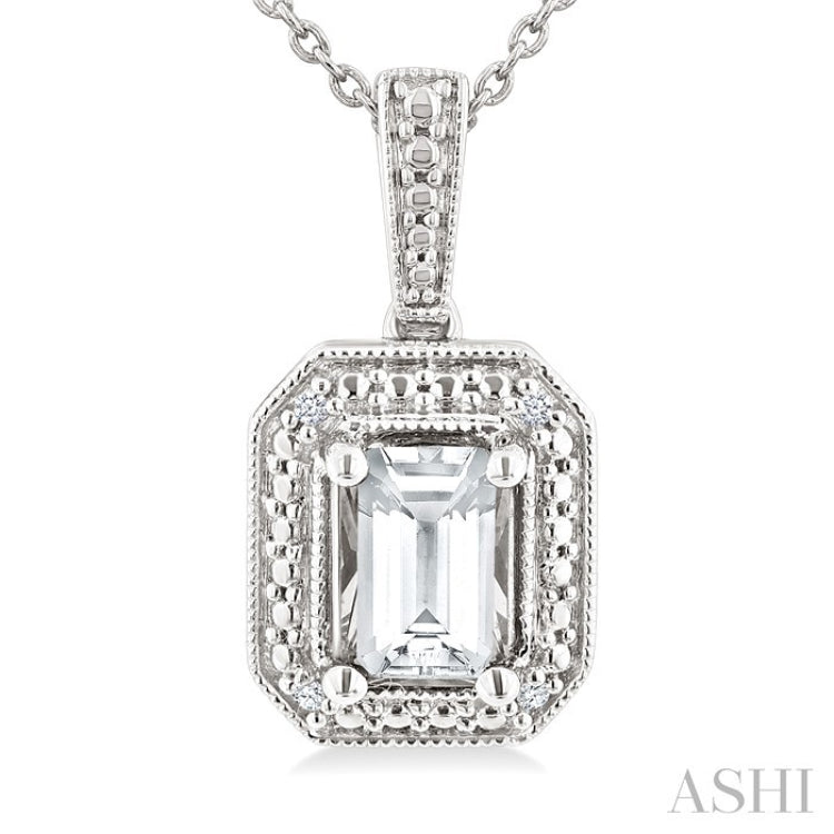 7X5 MM Octagon Shape White Topaz and 1/50 Ctw Round Cut Diamond Semi-Precious Pendant With Chain in Sterling Silver