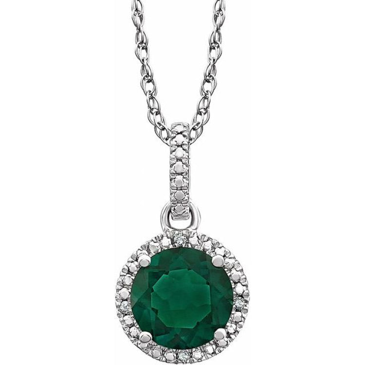 Sterling Silver Lab-Grown Emerald & .01 CTW Natural Diamond 18" Necklace