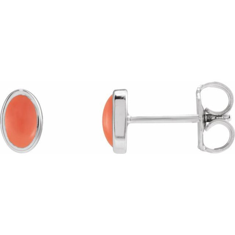 Sterling Silver Natural Pink Coral Cabochon Earrings