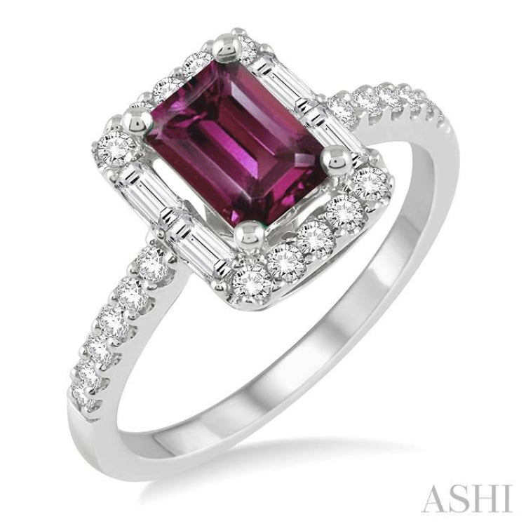 7X5 MM Emerald Cut Rhodolite Garnet and 1/2 Ctw Diamond Semi-Precious Ring in 14K White Gold