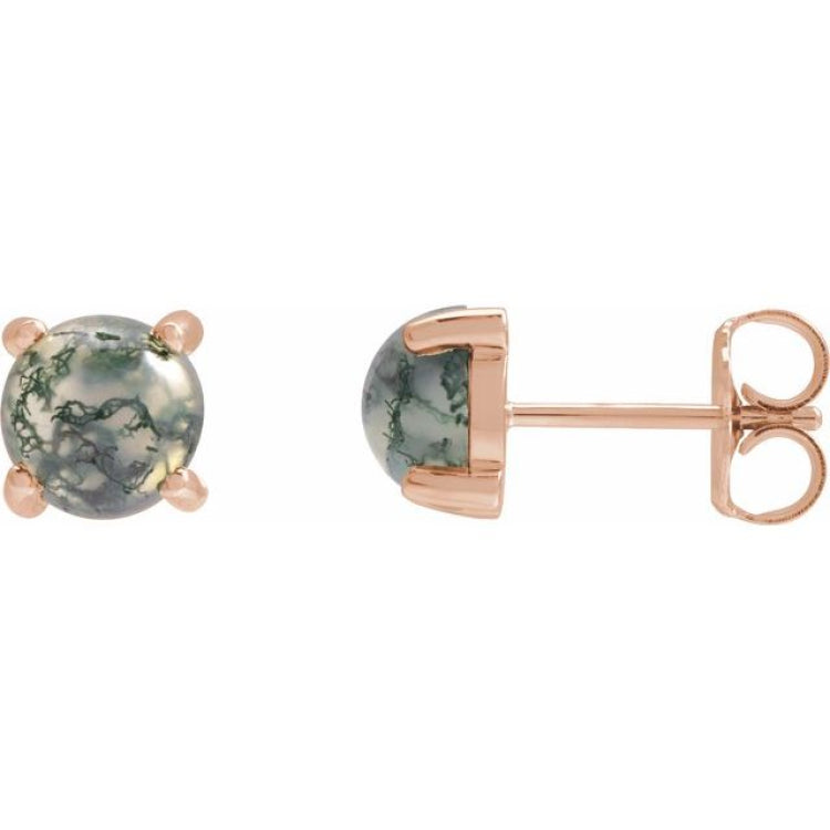 14K Rose Gold Natural Moss Agate Cabochon Earrings