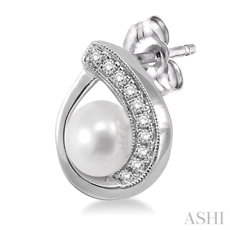 6x6 MM Round Shape Cultured Pearls and 1/10 Ctw Round Cut Diamond Earrings in 10K White Gold