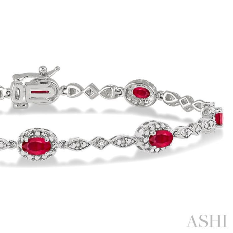 5x3 MM Oval Cut Ruby and 1/20 Ctw Round Cut Diamond Bracelet in 14K White Gold