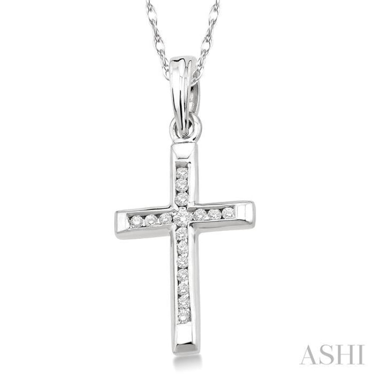 1/10 Ctw Single Cut Diamond Cross Pendant in 10K White Gold with Chain