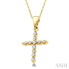 1/10 Ctw Round Cut Diamond Cross Petite Pendant in 14K Yellow Gold with Chain