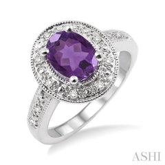 8X6 MM Oval Cut Amethyst and 1/20 Ctw Round Cut Diamond Ring in Sterling Silver