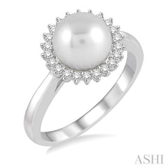 8x8 MM Round Shape Cultured Pearl and 1/5 Ctw Round Cut Diamond Ring in 14K White Gold