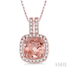 7x7 MM Cushion Shape Morganite and 1/5 Ctw Round Cut Diamond Pendant in 14K Rose Gold with Chain