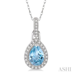 7x5 MM Pear Shape Aquamarine and 1/10 Ctw Round Cut Diamond Pendant in 14K White Gold with Chain