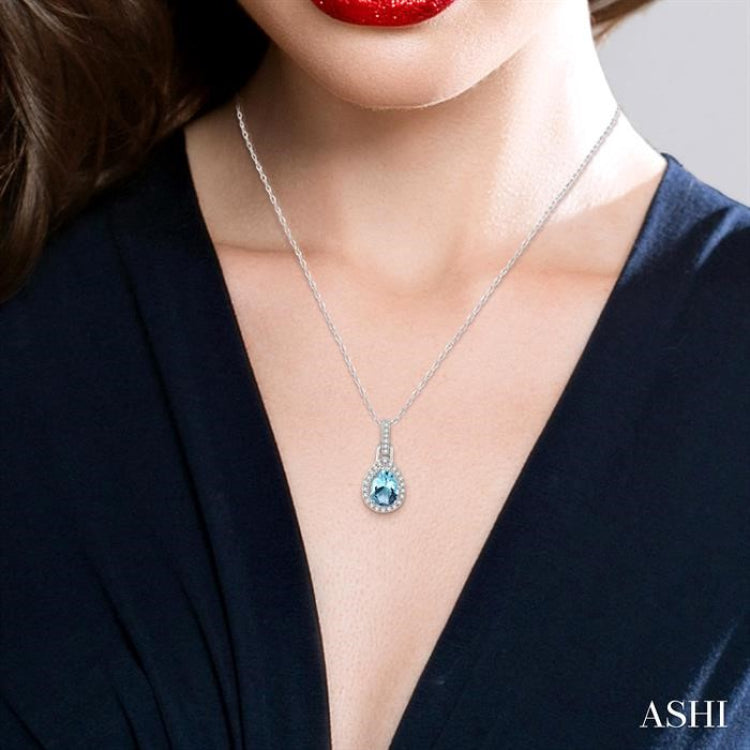 7x5 MM Pear Shape Aquamarine and 1/10 Ctw Round Cut Diamond Pendant in 14K White Gold with Chain