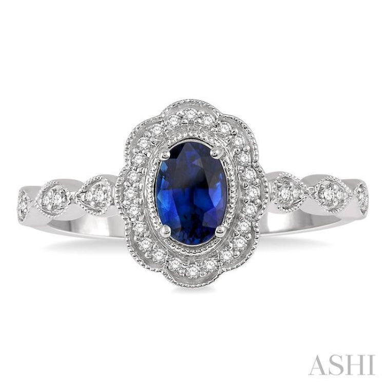 6x4 MM Oval Shape Sapphire and 1/6 Ctw Round Cut Diamond Precious Ring in 10K White Gold