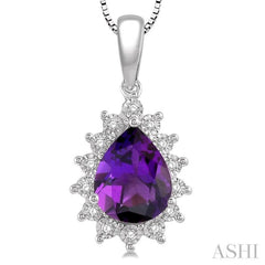 9X6 MM Pear Shape Amethyst and 1/10 Ctw Round Cut Diamond Semi-Precious Pendant With Chain in 10K White Gold
