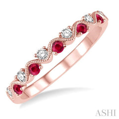 1.8 MM Ruby and 1/6 Ctw Round Cut Diamond Precious Waves Wedding Band in 14K Rose Gold