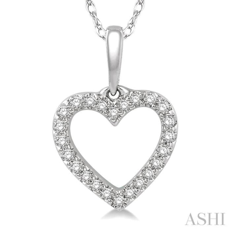 1/10 Ctw Hollow Cut Heart Charm Round Cut Diamond Petite Pendant in 10K White Gold with chain