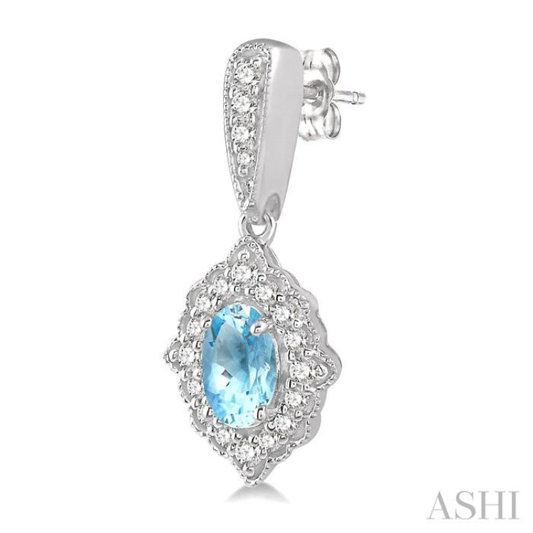 5x3 MM Oval Shape Aquamarine and 1/4 Ctw Round Cut Diamond Semi-Precious Earrings in 10K White Gold