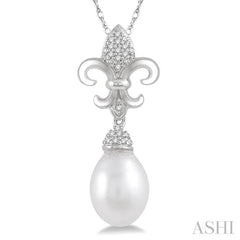 9X7 MM Drop Shape Cultured Pearl and 1/10 Ctw Round Cut Diamond Fleur De Lis Pendant With Chain in 10K White Gold