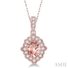 6x4 MM Ethnic Oval Cut Morganite and 1/6 Ctw Round Cut Diamond Semi-Precious Pendant in 10K Rose Gold with chain