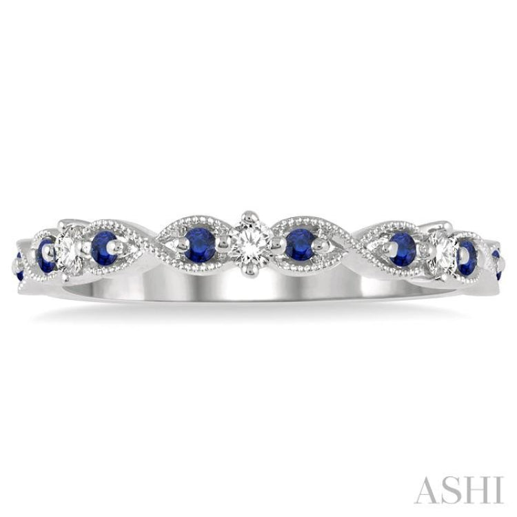 1.35 MM Sapphire and 1/10 Ctw Round Cut Diamond Precious Wedding Band in 14K White Gold