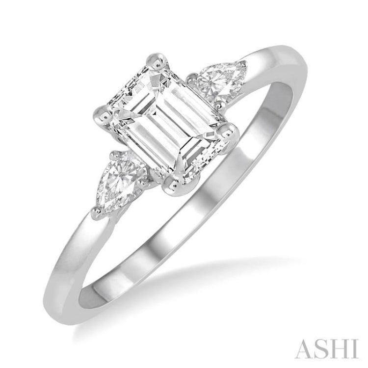 1/2 Ctw Octagon Emerald and Pear Cut Diamond Ladies Engagement Ring with 1/3 Ct Emerald Cut Center Stone in 14K White Gold