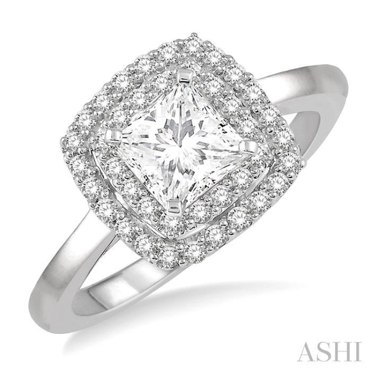 3/4 Ctw Princess & Halo Round Cut Diamond Ladies Engagement Ring With 1/2 Ct Princess Cut Center Stone in 14K White Gold