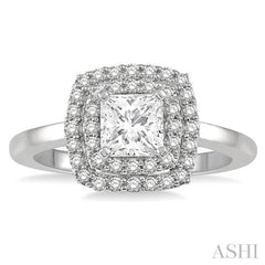 3/4 Ctw Princess & Halo Round Cut Diamond Ladies Engagement Ring With 1/2 Ct Princess Cut Center Stone in 14K White Gold