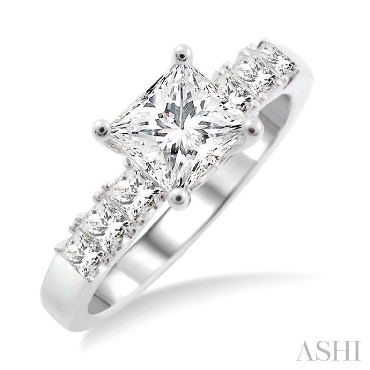 1 Ctw Diamond Engagement Ring with 5/8 Ct Princess Cut Center Stone in 14K White Gold