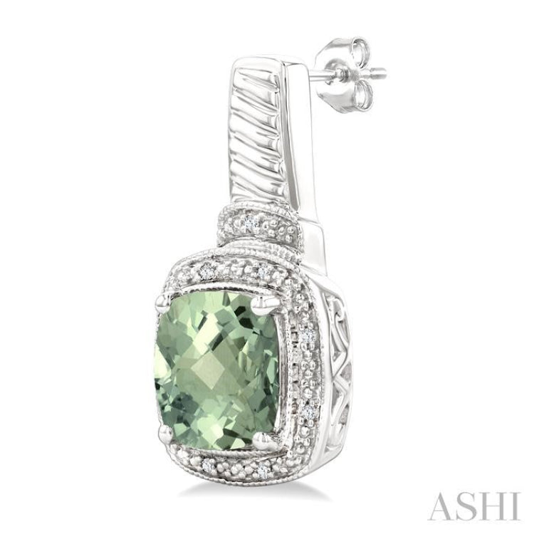 8X8 MM Cushion Shape Green Amethyst and 1/20 Ctw Round Cut Diamond Earrings in Sterling Silver