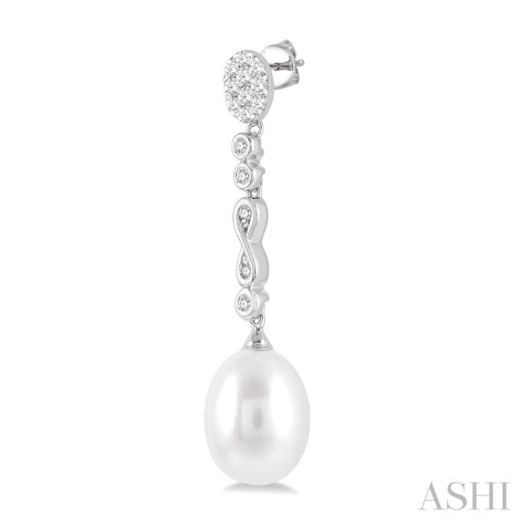 11x8.5 MM Cultured Pearls and 1/4 Ctw Round Cut Diamond Drop Hanging Lovebright Earrings in 14K White Gold