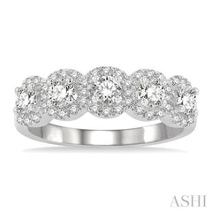 1 Ctw Circular Shape 5 Stone Round Cut Diamond Halo Wedding Band in 14K White Gold